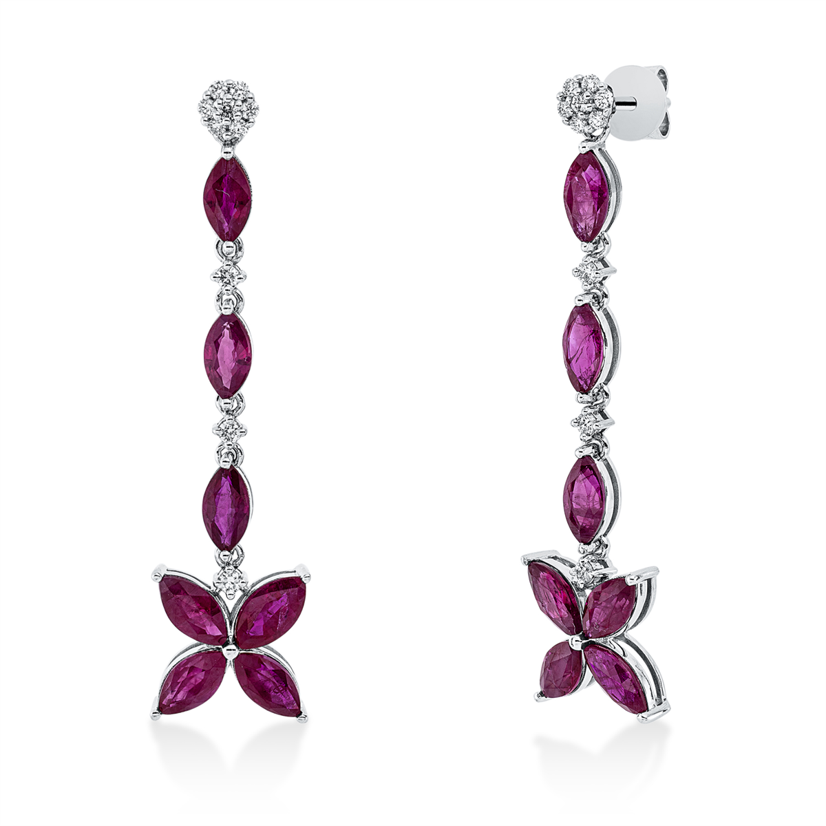 diamond full cut ruby colored stone classic earrings in white gold