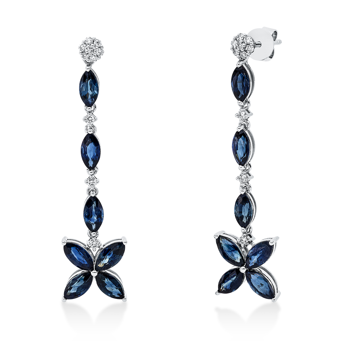 diamond full cut sapphire colored stone classic earrings in white gold