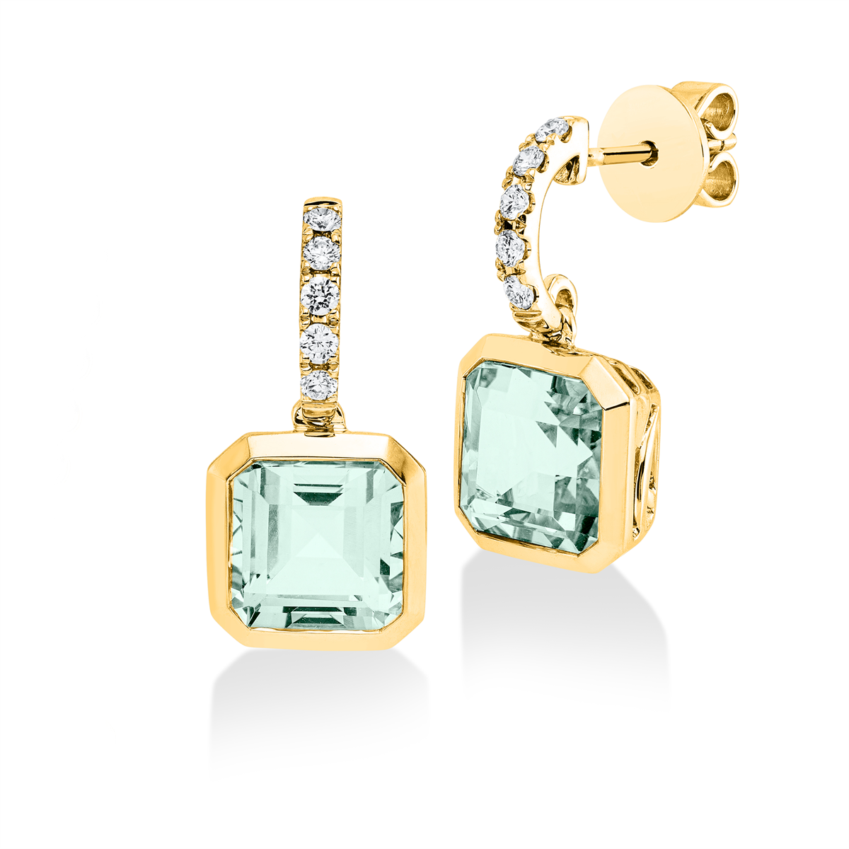 diamond full cut amethyst colored stone fashion earrings in yellow gold