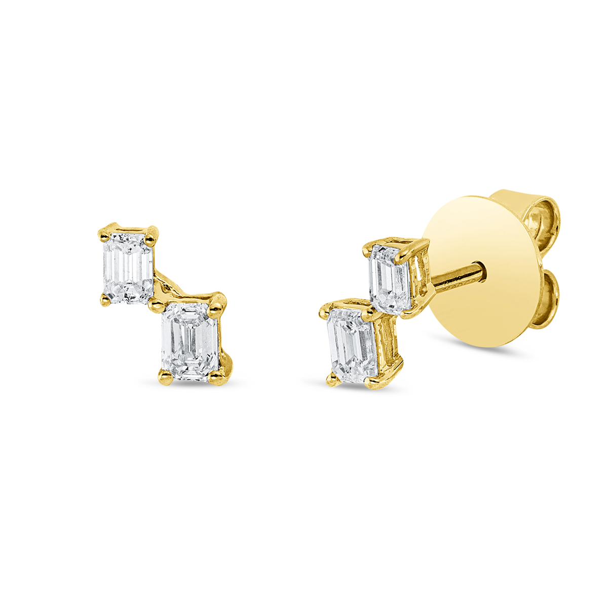 emerald cut baguette studs in yellow gold