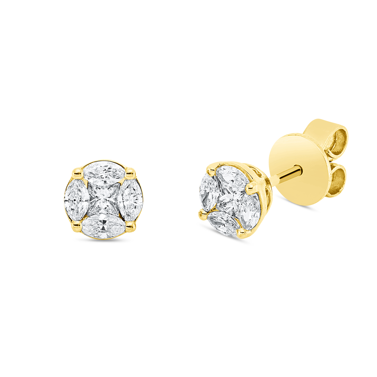 marquise baguette illusion studs in yellow gold