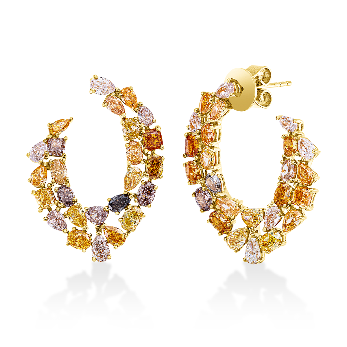 fantasy-cut fancy colored diamond studs in yellow gold