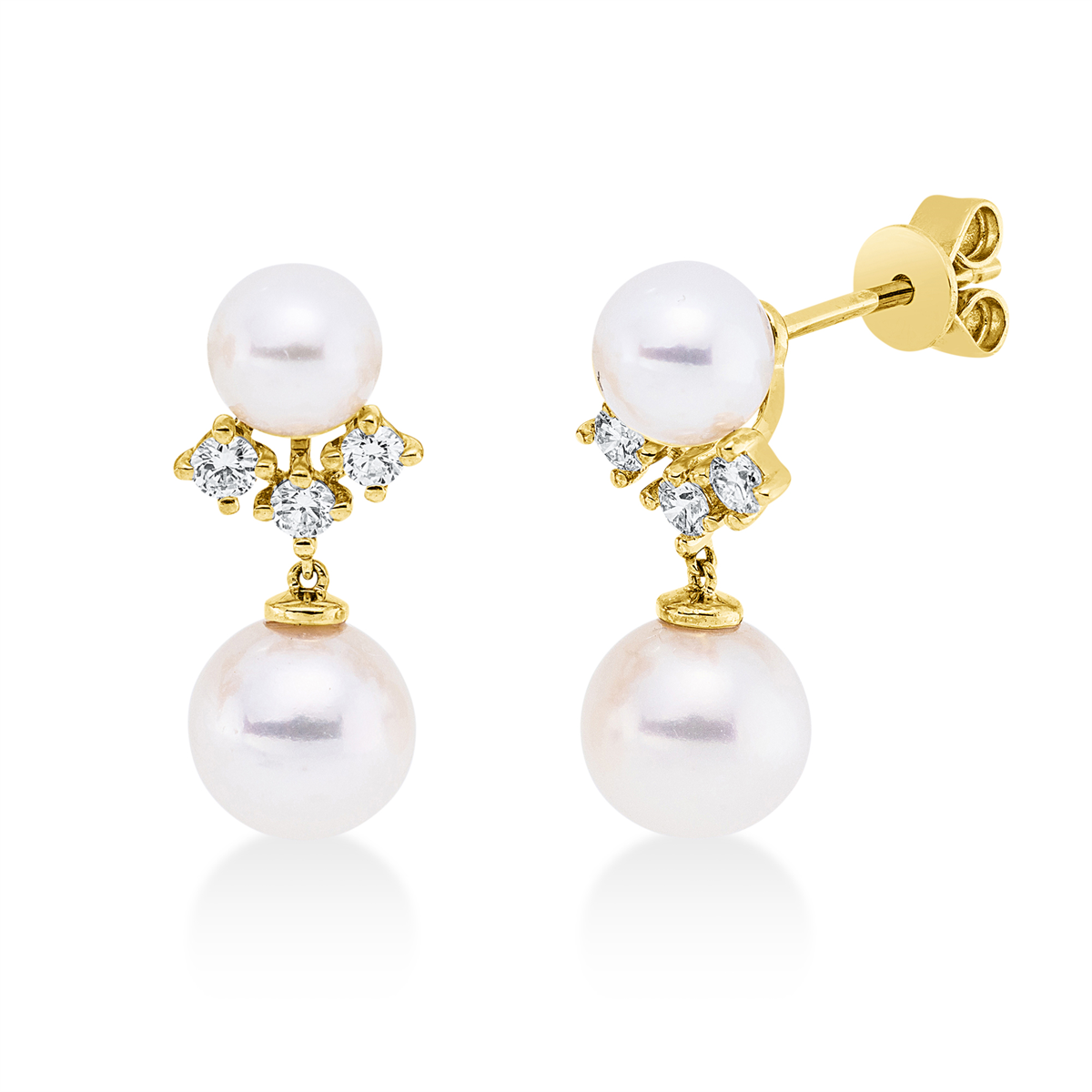 diamond full cut pearl earrings in yellow gold