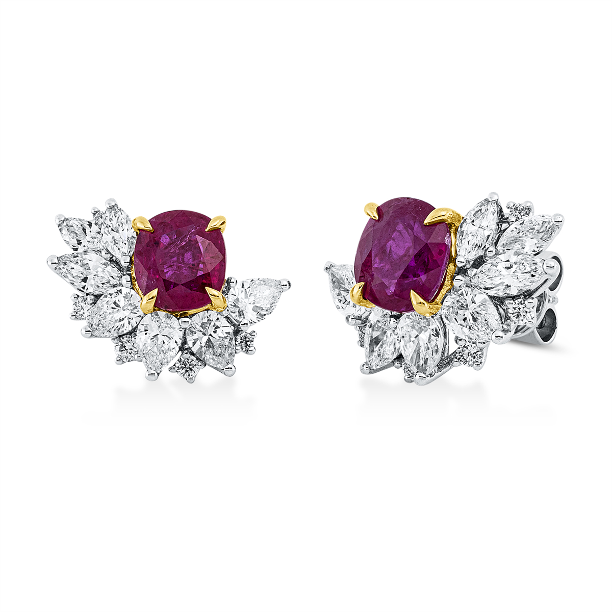 diamond full cut ruby colored stone classic studs in white gold / yellow gold