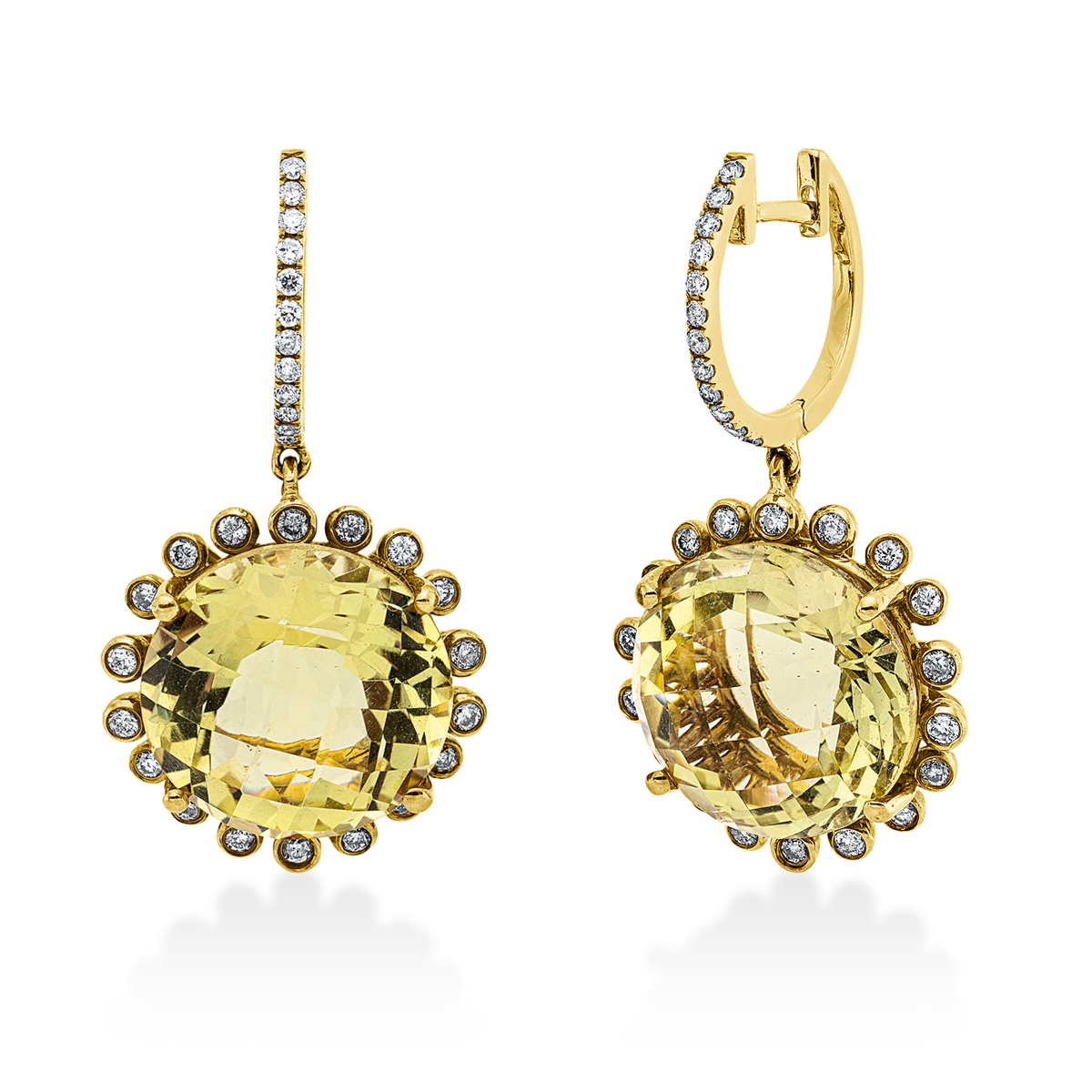 diamond full cut lemon quartz colored stone fashion earrings in yellow gold