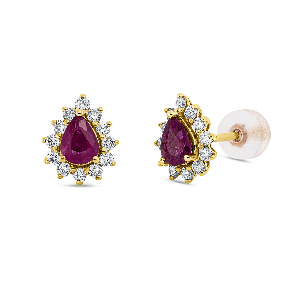 diamond full cut ruby colored stone classic studs in yellow gold