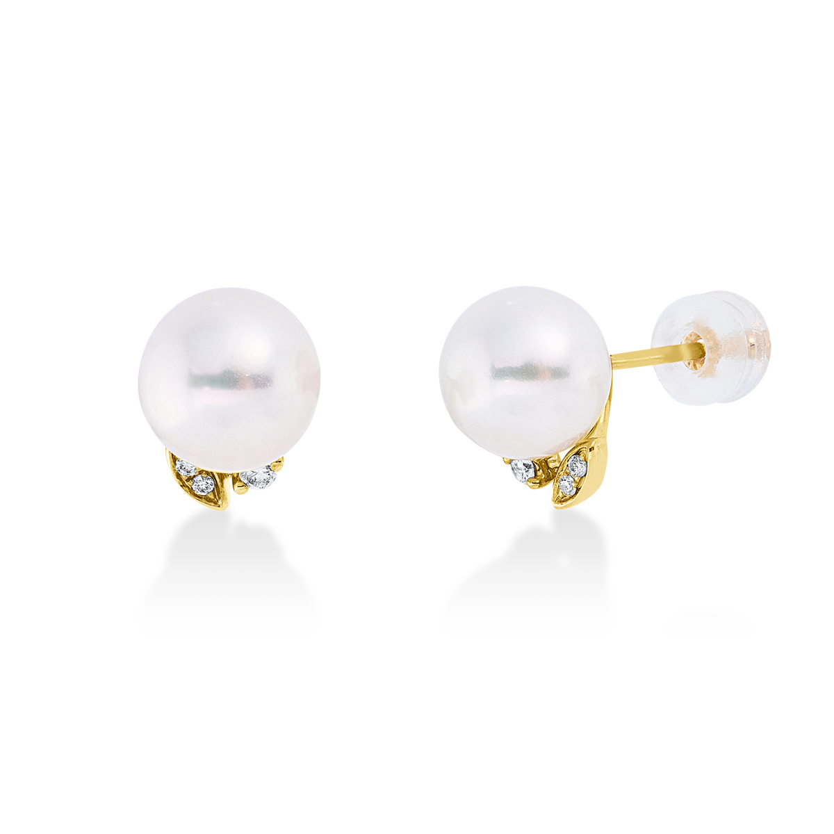 diamond full cut pearl studs in yellow gold