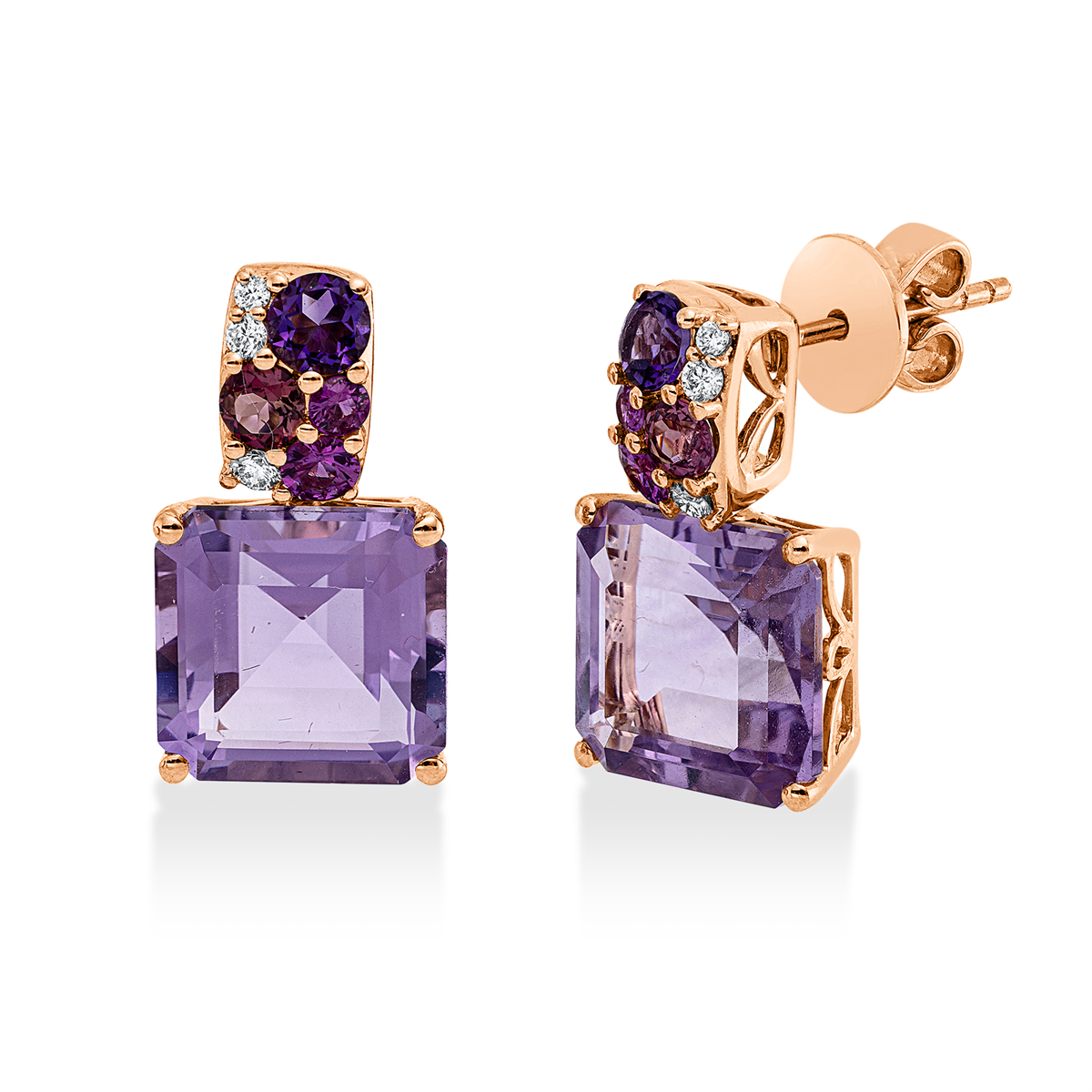 diamond full cut sapphire colored stone fashion earrings in red gold