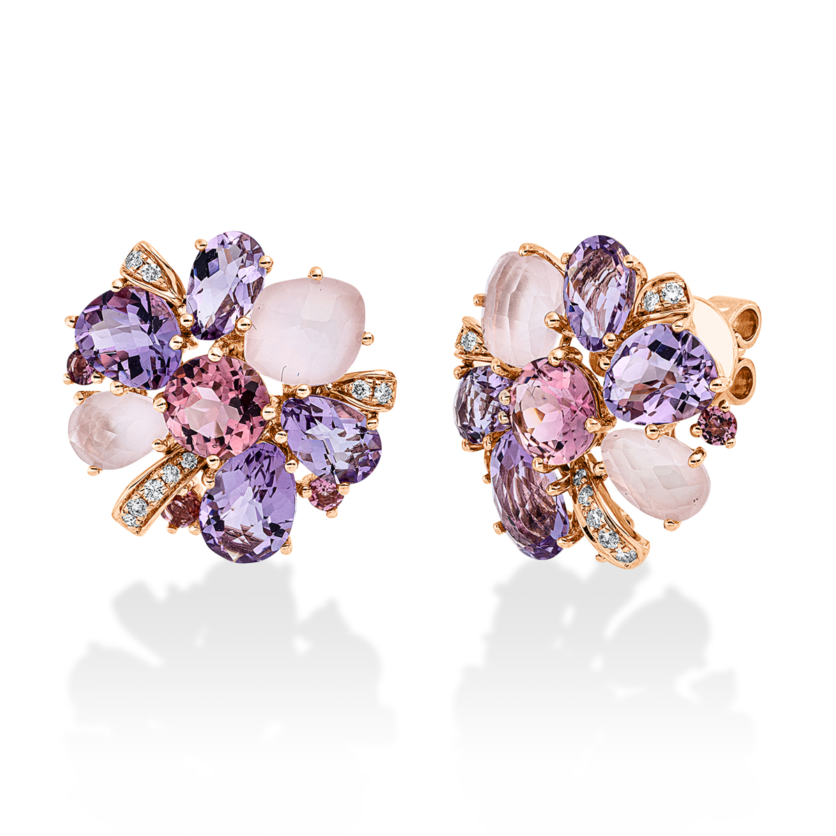 diamond full cut tourmaline colored stone fashion studs in red gold