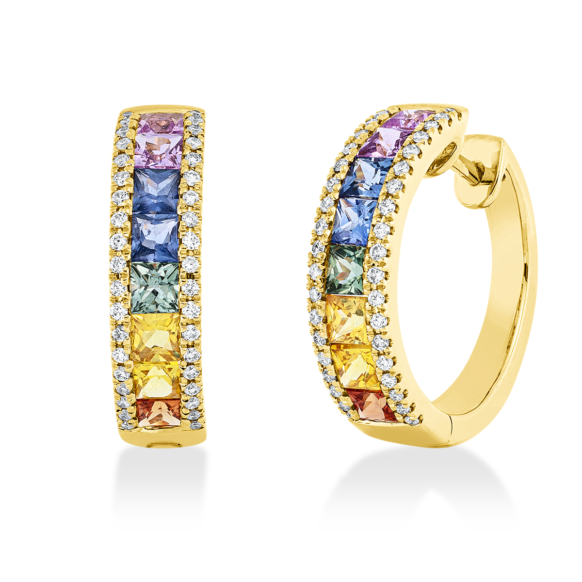 diamond full cut sapphire rainbow & multicolor hoops & huggies in yellow gold