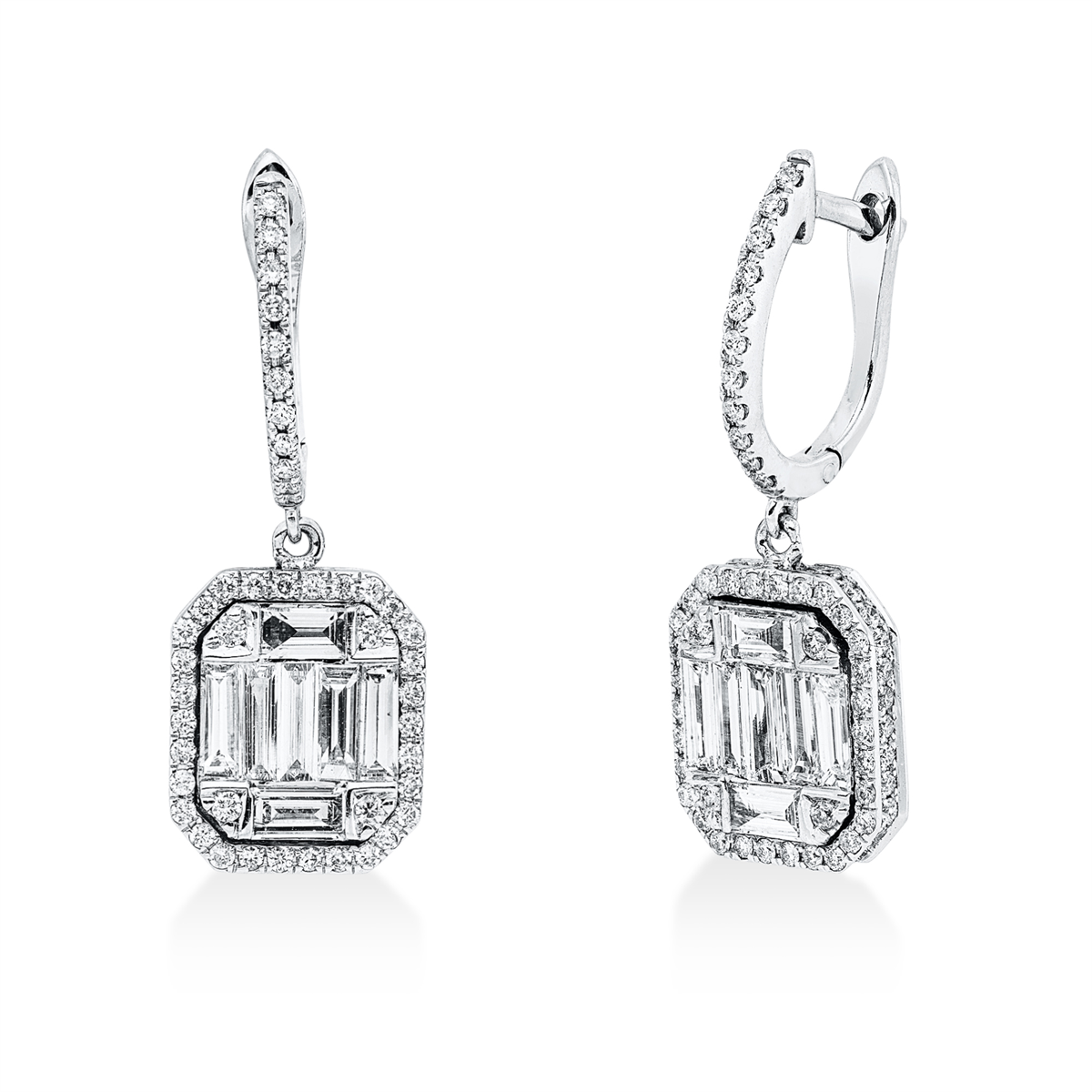 diamond full cut baguette earrings in white gold
