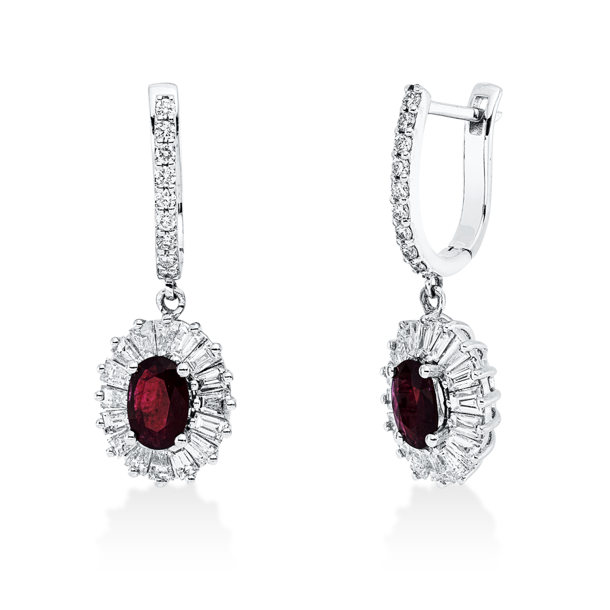diamond full cut ruby colored stone classic earrings in white gold