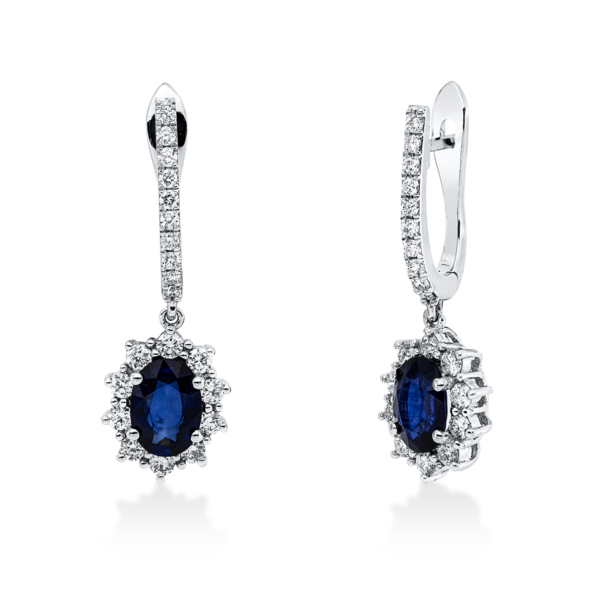 diamond full cut sapphire colored stone classic earrings in white gold
