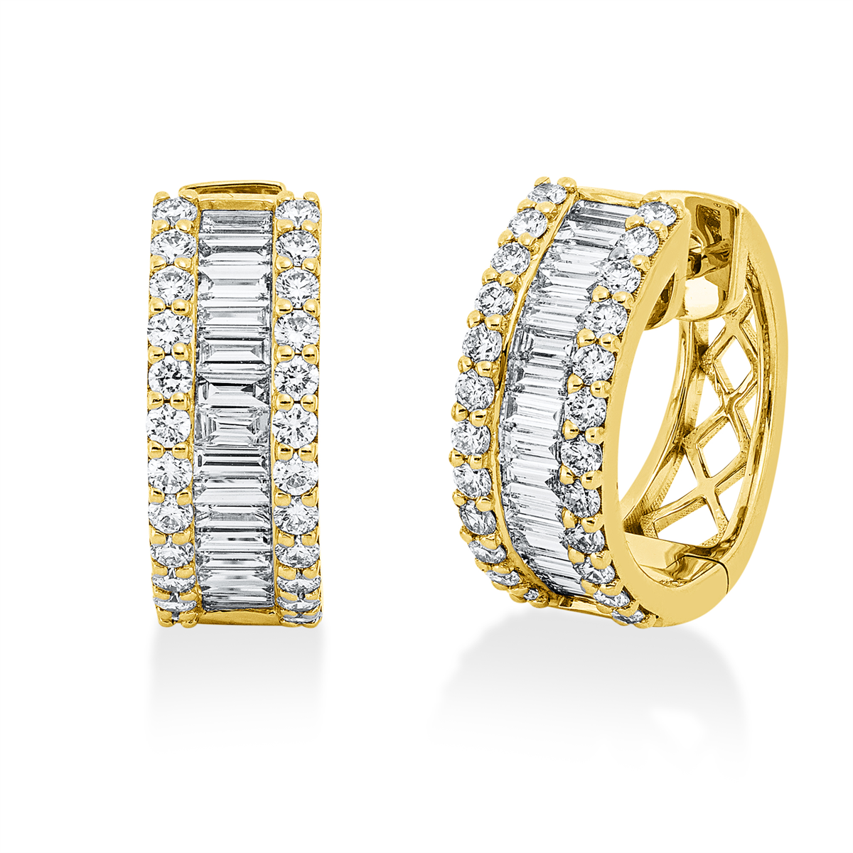 diamond full cut baguette hoops & huggies in yellow gold