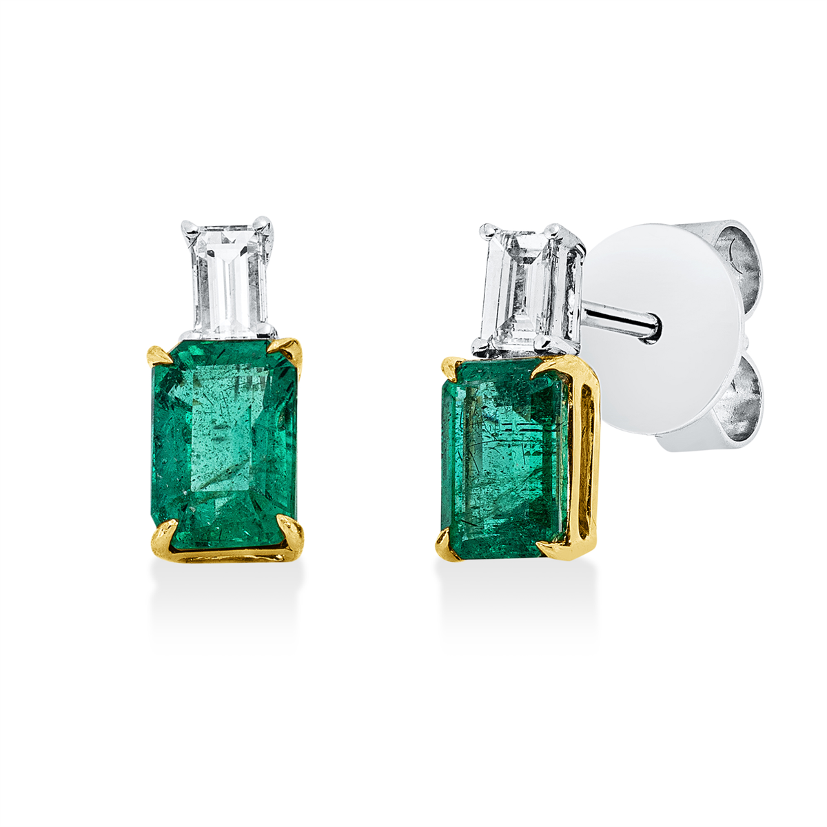 baguette emerald colored stone classic studs in white gold / yellow gold