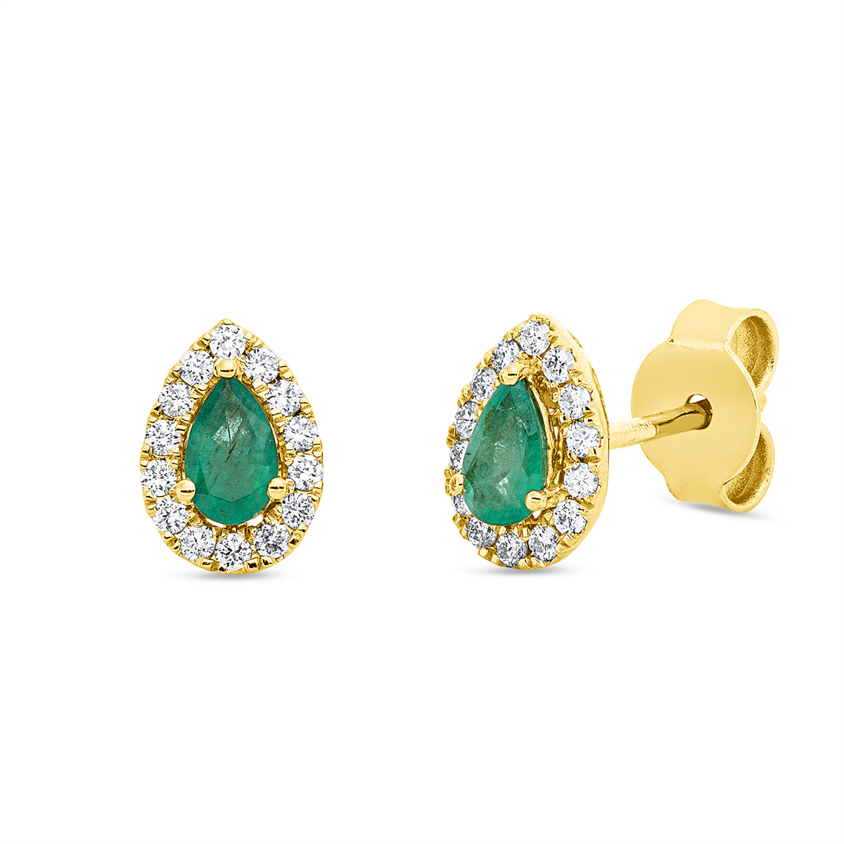 diamond full cut emerald colored stone classic studs in yellow gold