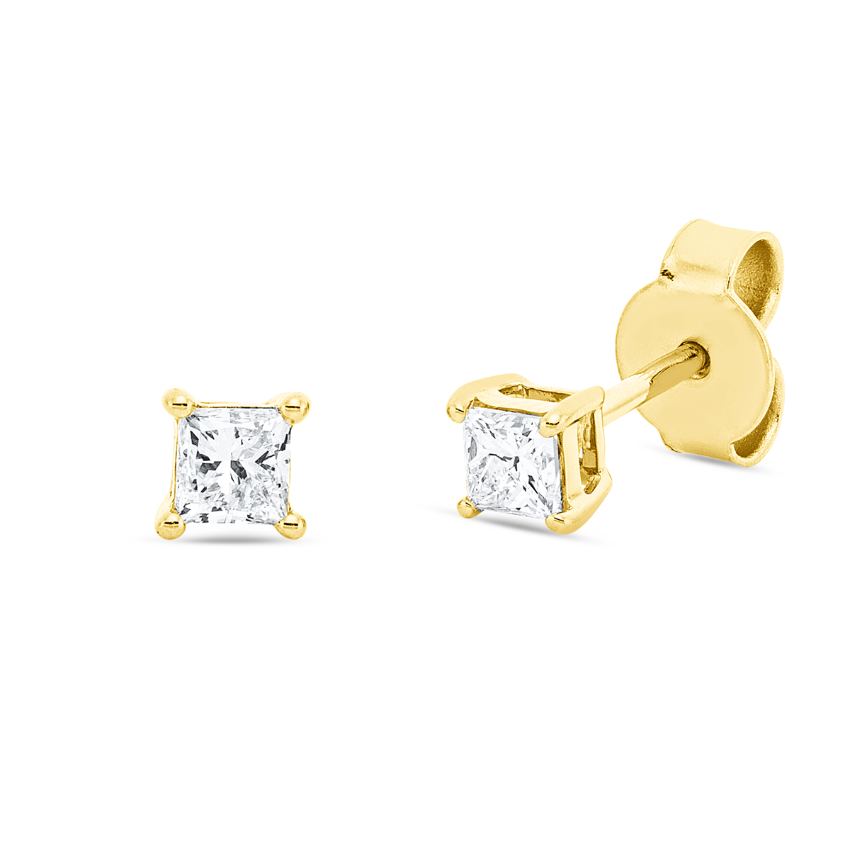 princess solitaire studs in yellow gold
