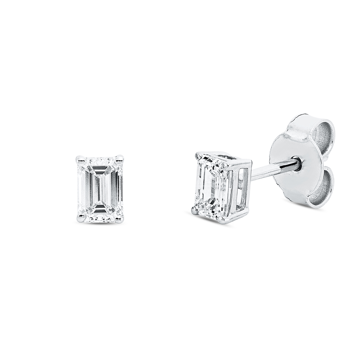 emerald cut solitaire studs in white gold