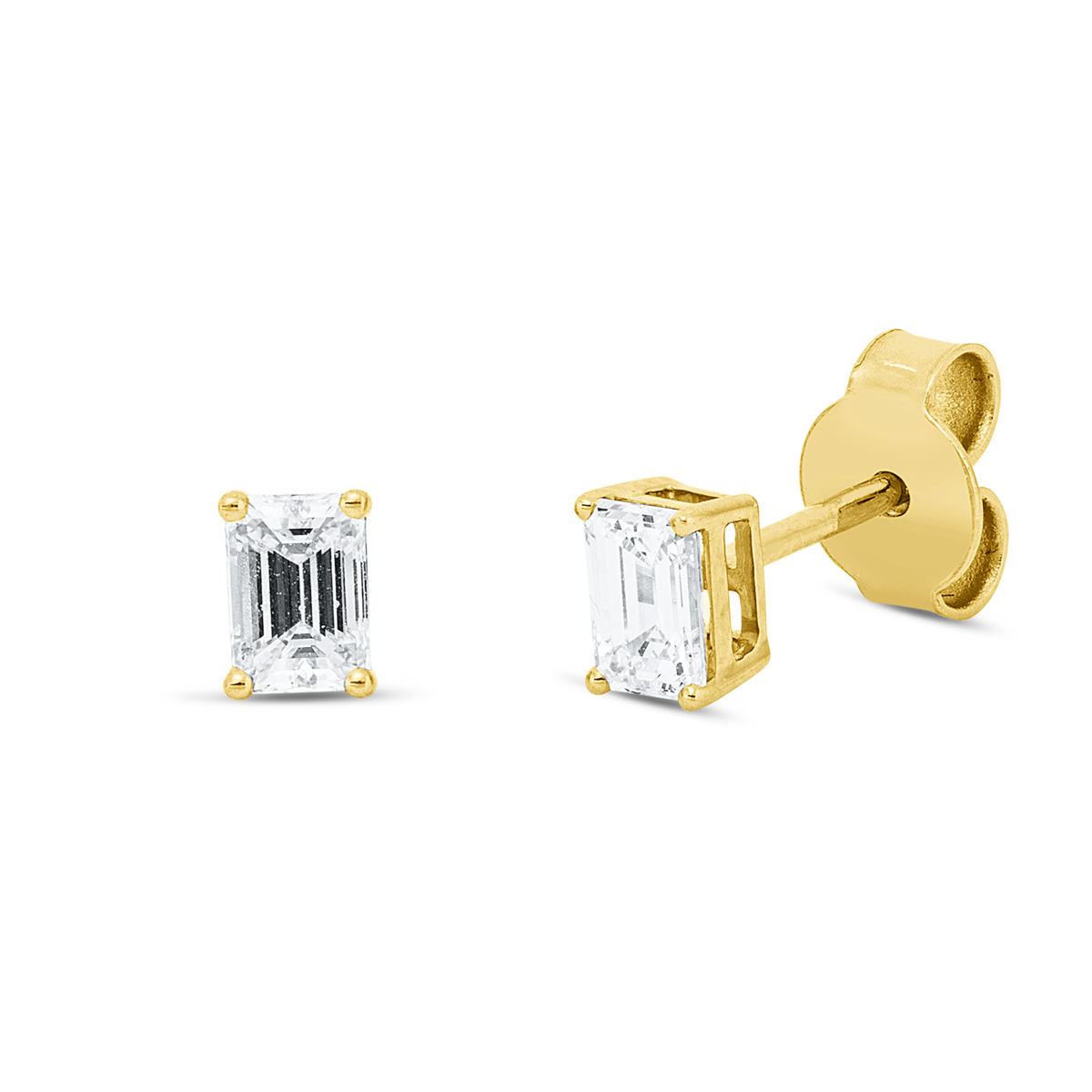 emerald cut solitaire studs in yellow gold