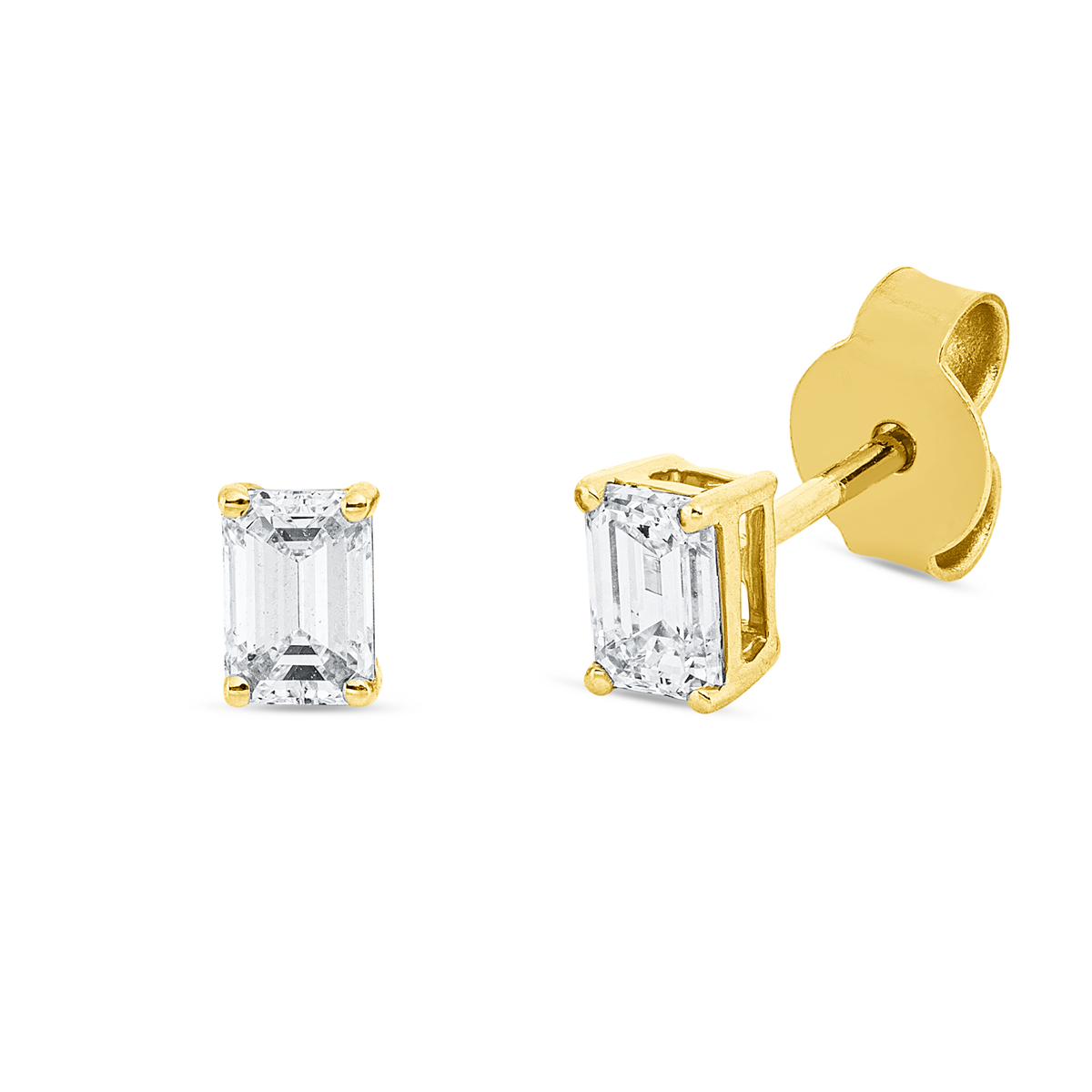 emerald cut solitaire studs in yellow gold