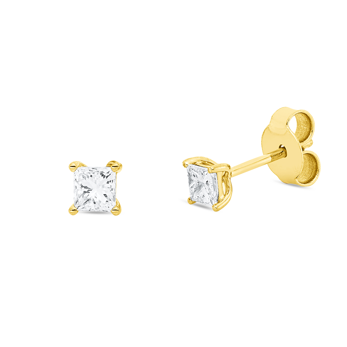 princess solitaire studs in yellow gold