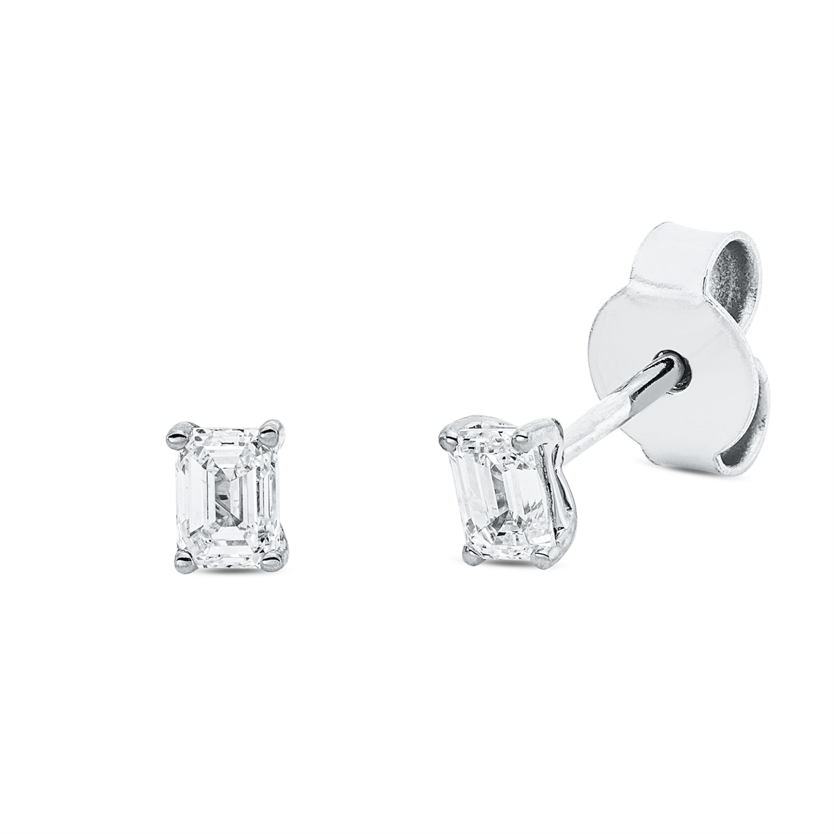 emerald cut solitaire studs in white gold