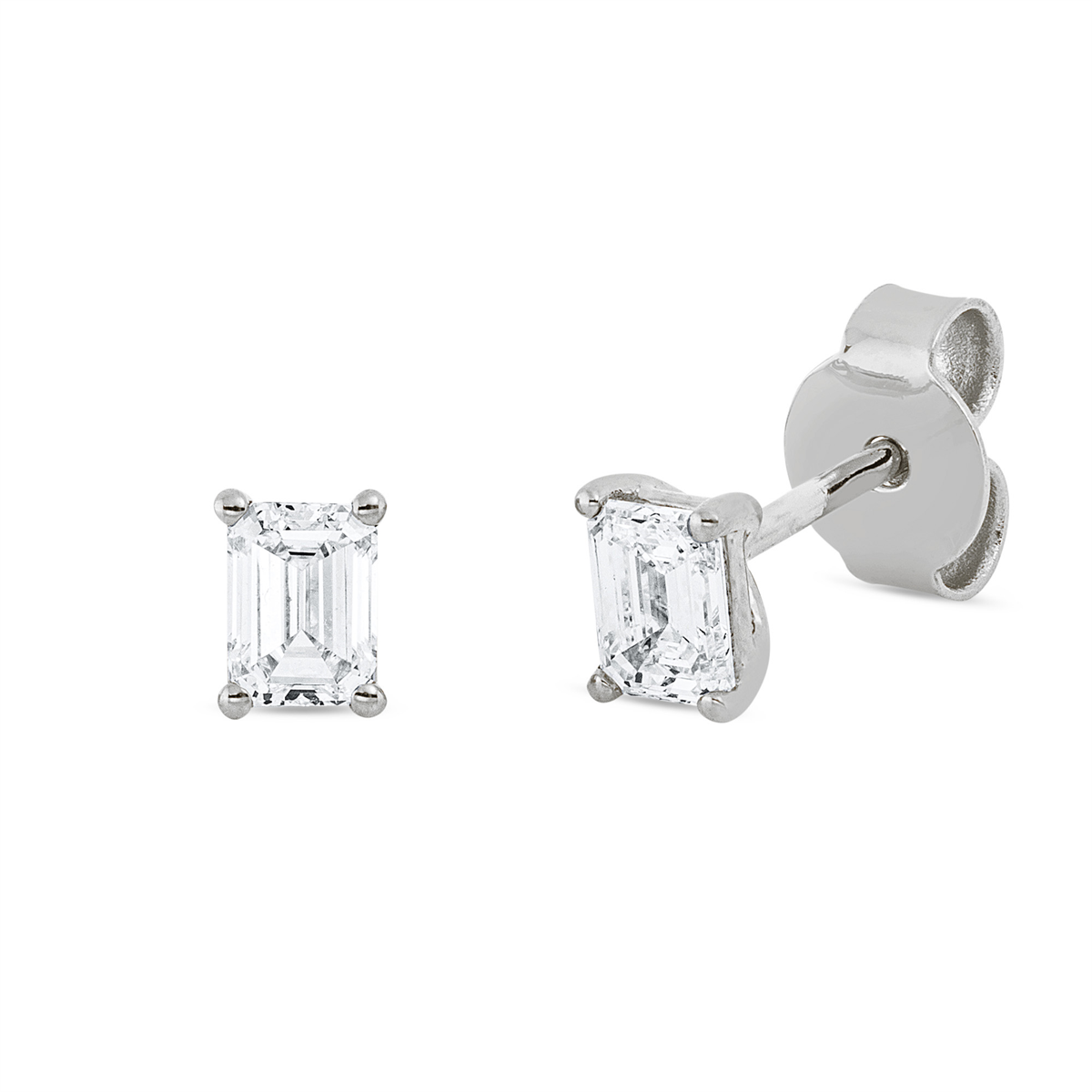 emerald cut solitaire studs in white gold