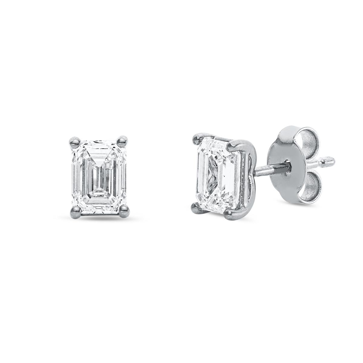 emerald cut solitaire studs in white gold
