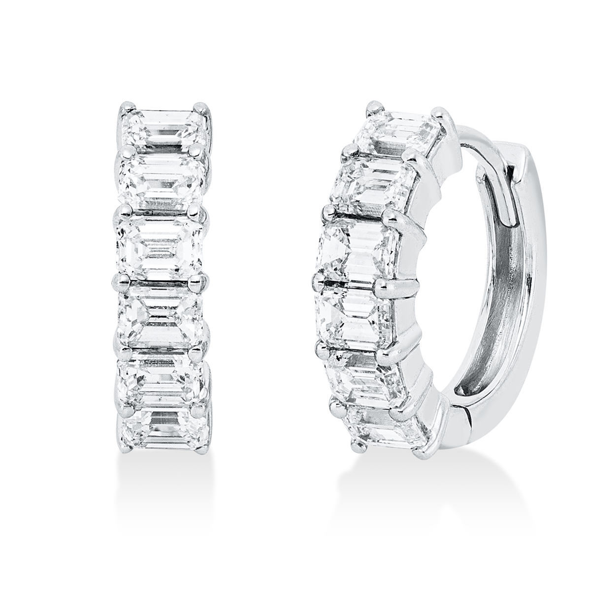 emerald cut baguette hoops & huggies in white gold