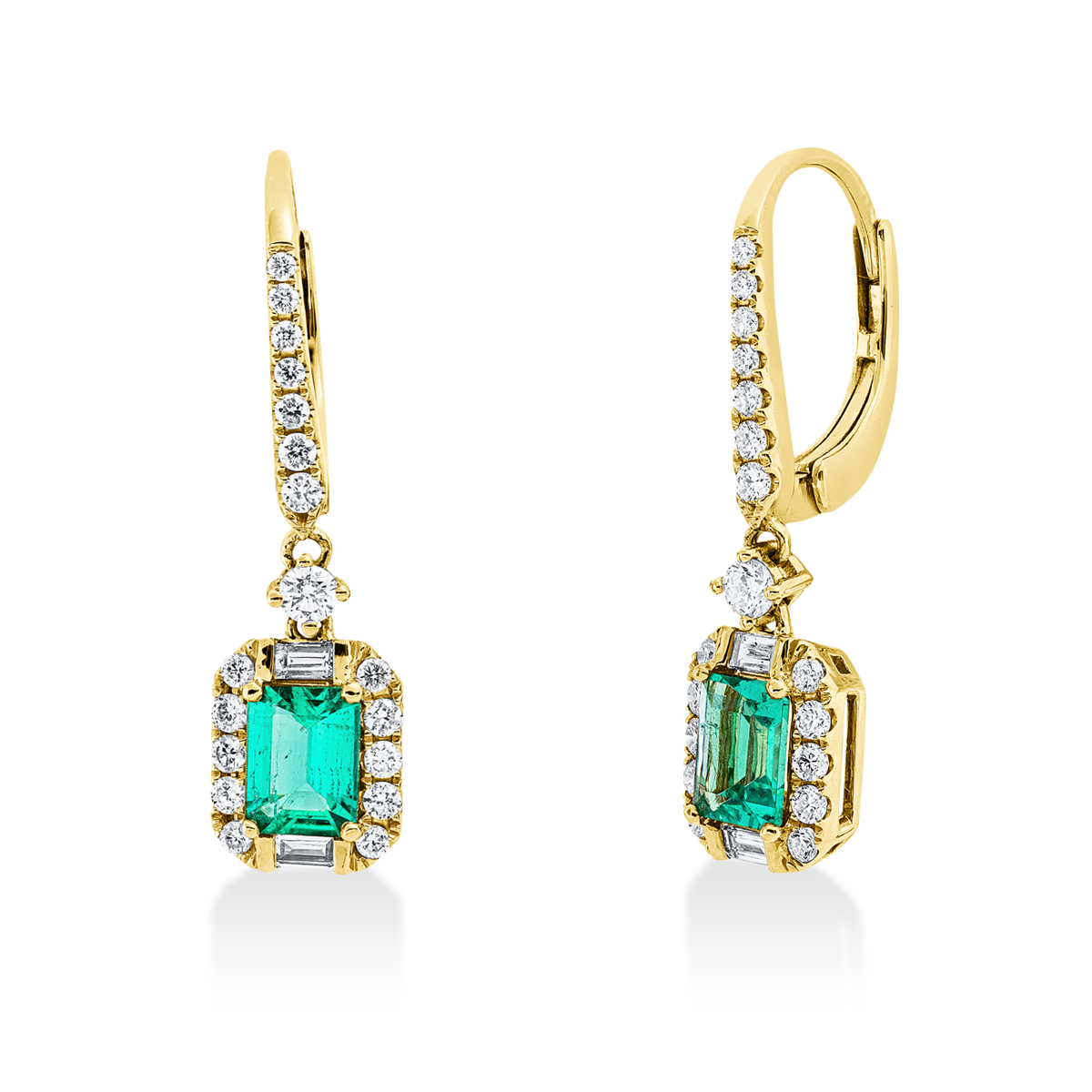 diamond full cut emerald colored stone classic earrings in yellow gold