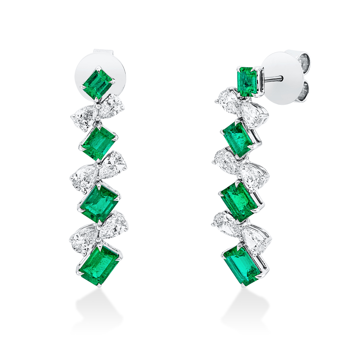 pear shape emerald colored stone classic earrings in white gold