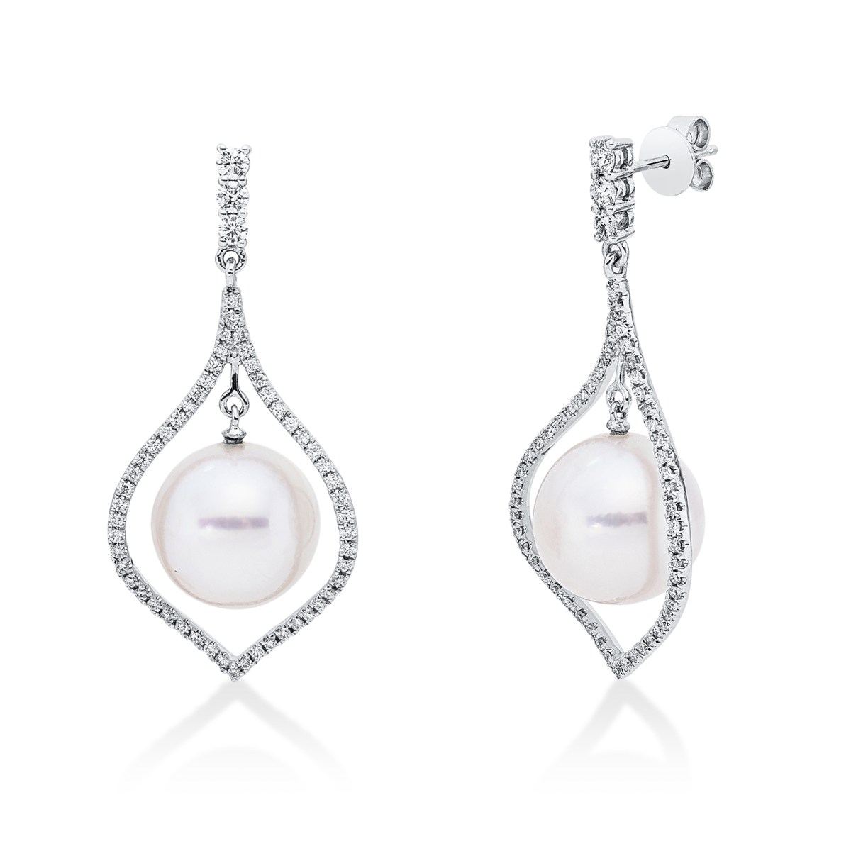 diamond full cut pearl earrings in white gold