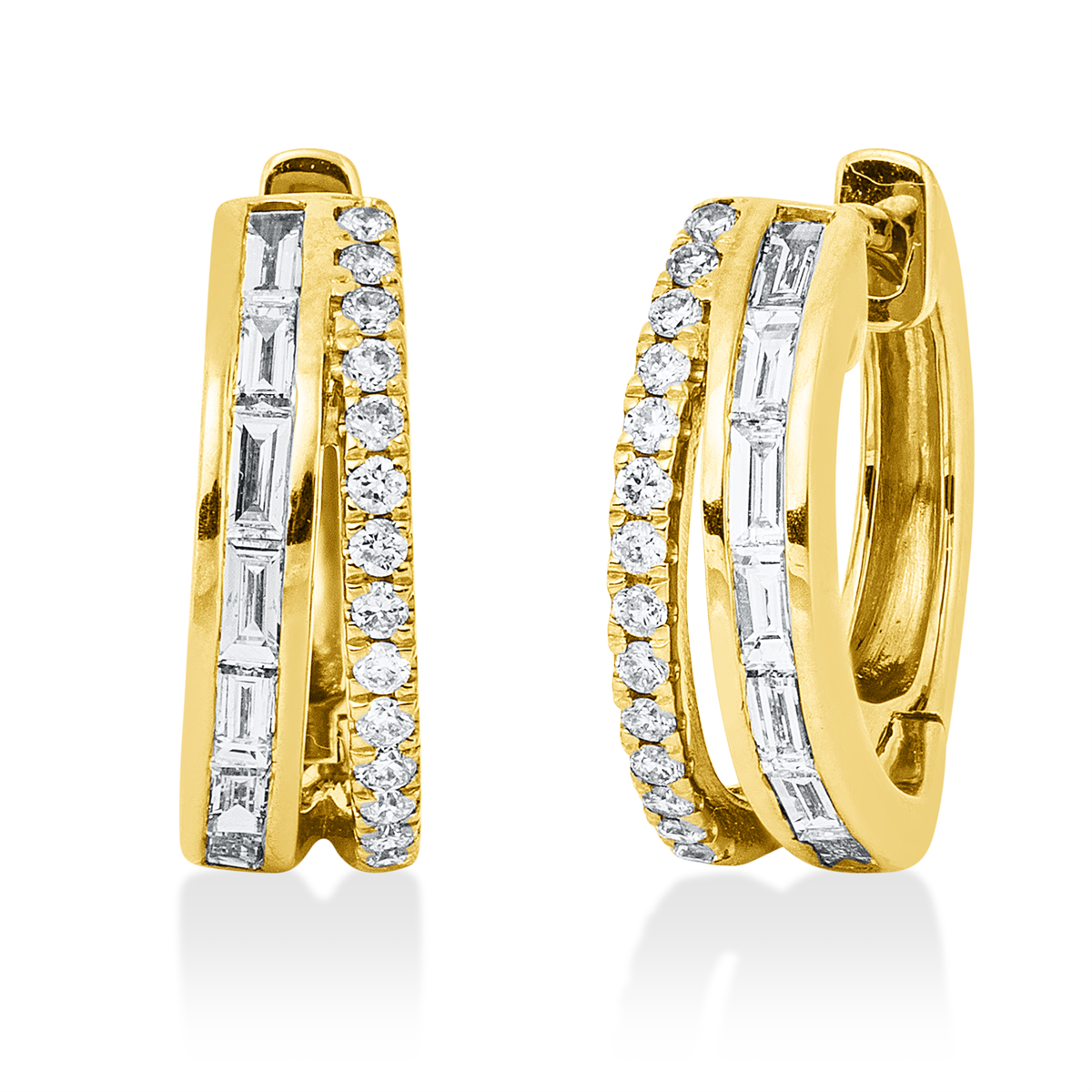 diamond full cut baguette hoops & huggies in yellow gold
