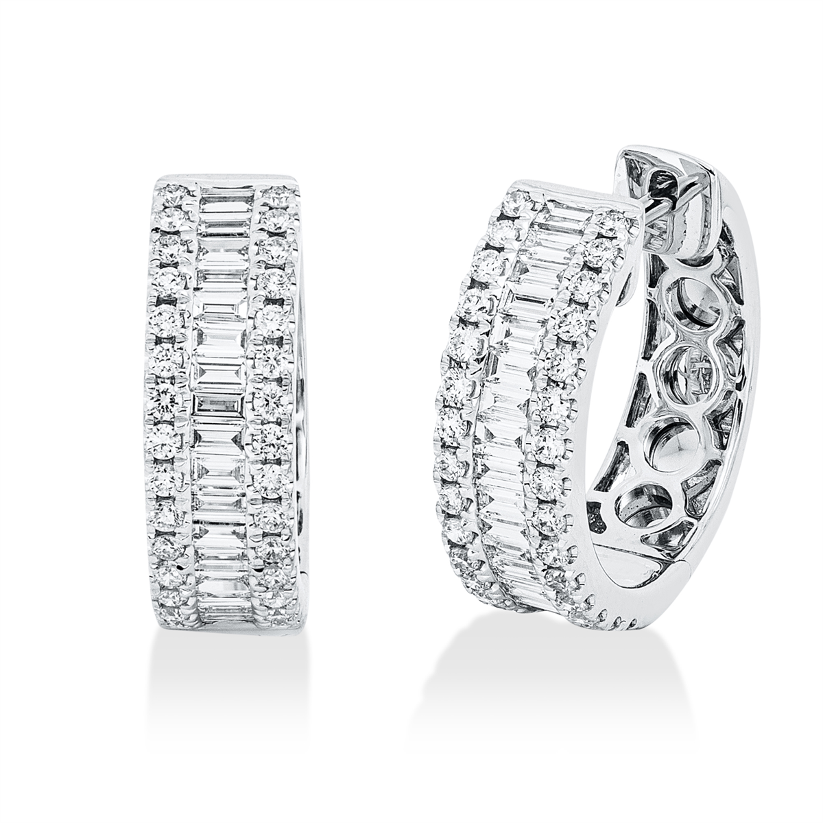 diamond full cut baguette hoops & huggies in white gold