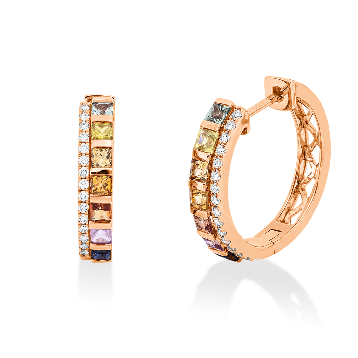 diamond full cut sapphire colored stone classic hoops & huggies in red gold