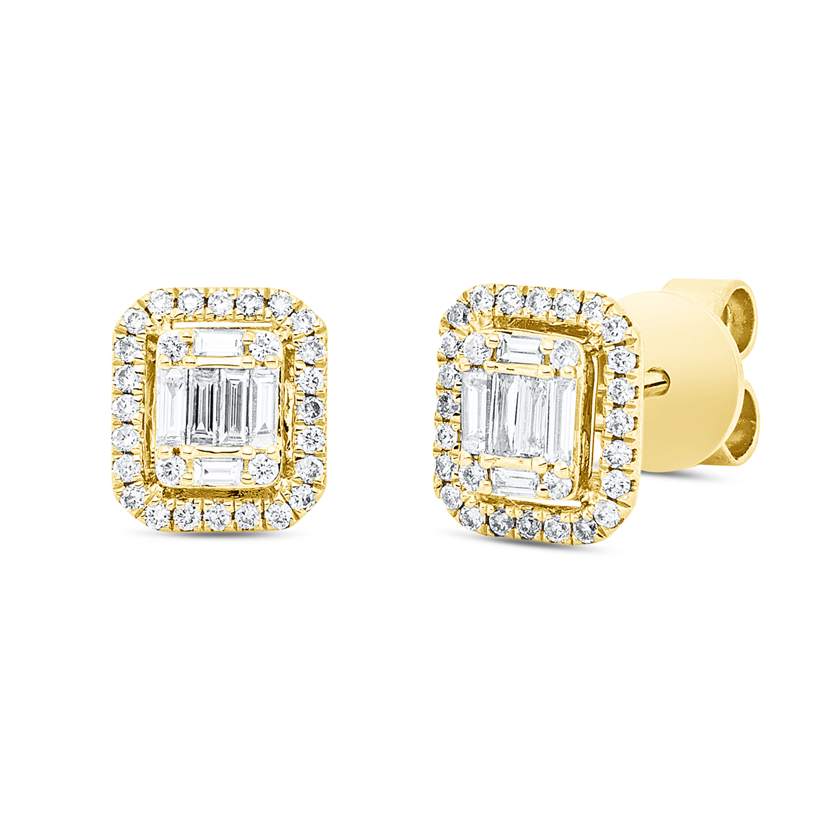 diamond full cut baguette illusion studs in yellow gold