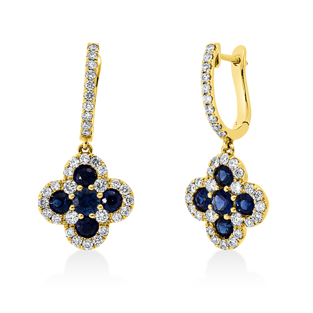 diamond full cut sapphire colored stone classic earrings in yellow gold