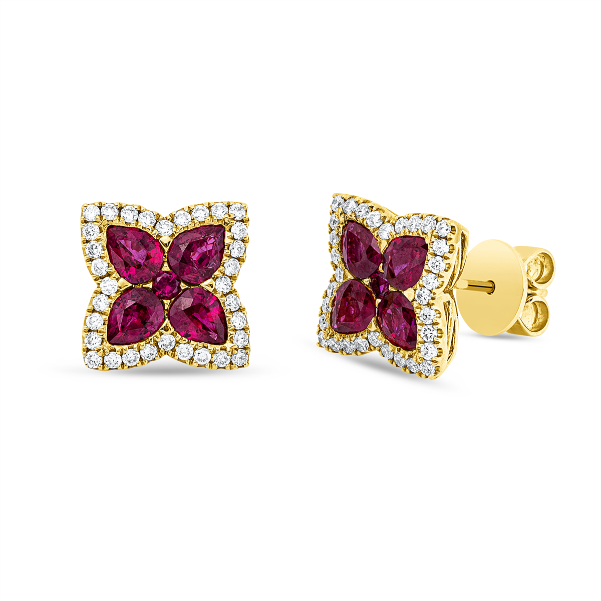 diamond full cut ruby colored stone classic studs in yellow gold
