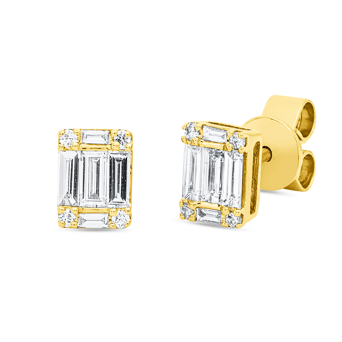 diamond full cut baguette illusion studs in yellow gold
