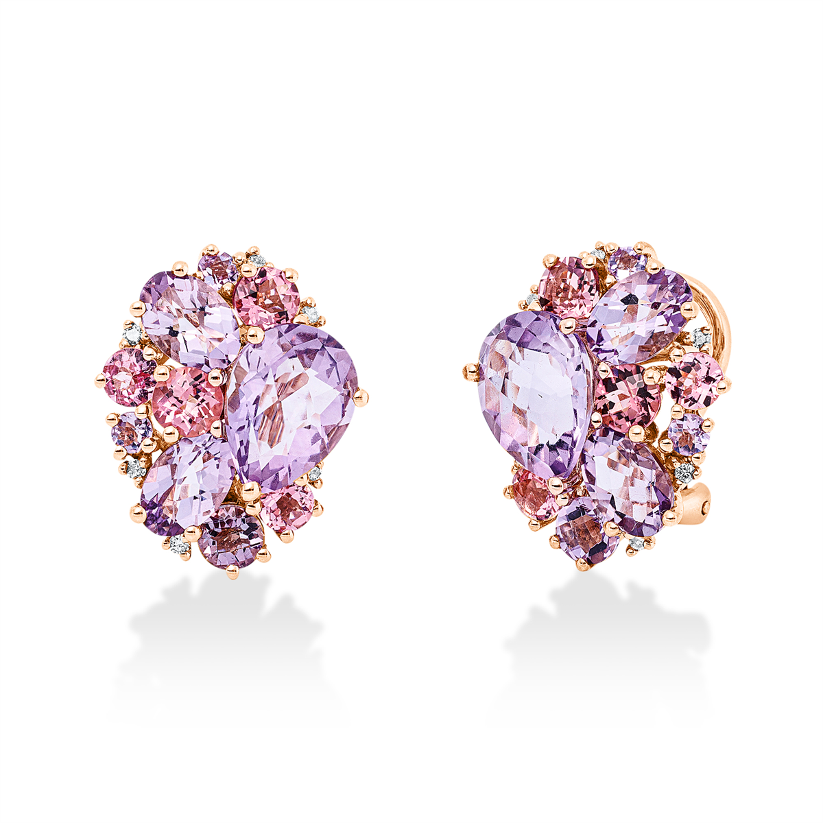 diamond full cut tourmaline colored stone fashion earrings in red gold