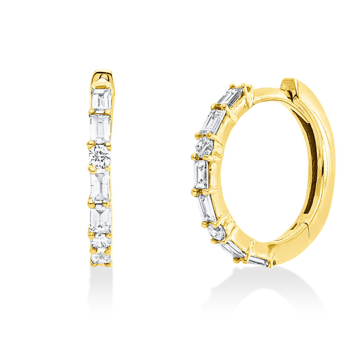 diamond full cut baguette hoops & huggies in yellow gold