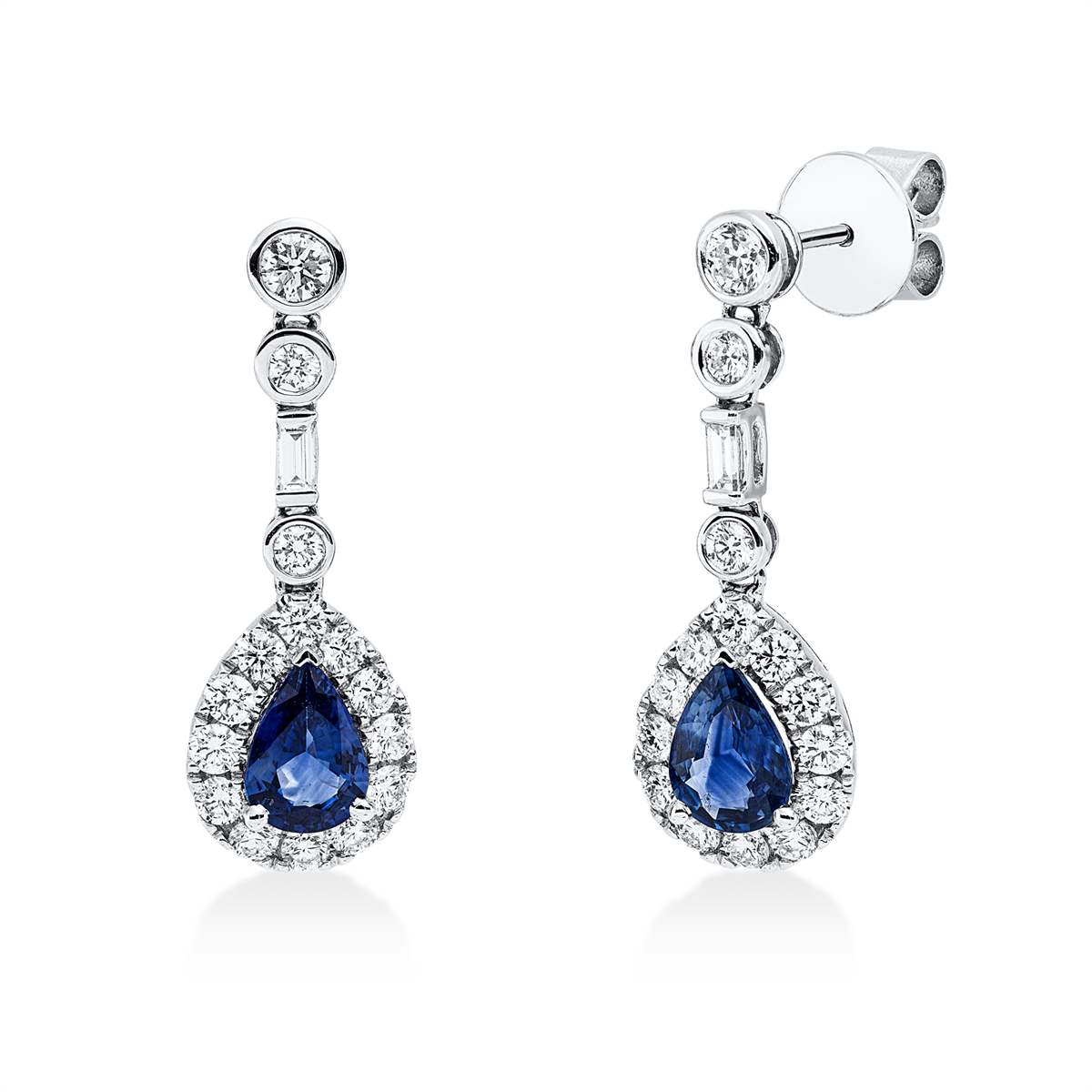 diamond full cut sapphire colored stone classic earrings in white gold