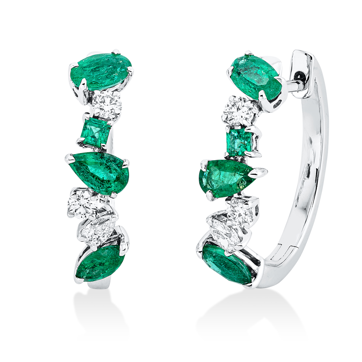 diamond full cut emerald colored stone classic hoops & huggies in white gold