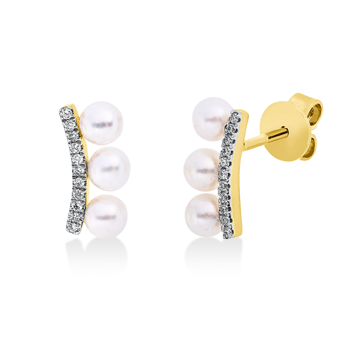 diamond full cut pearl studs in yellow gold / white gold