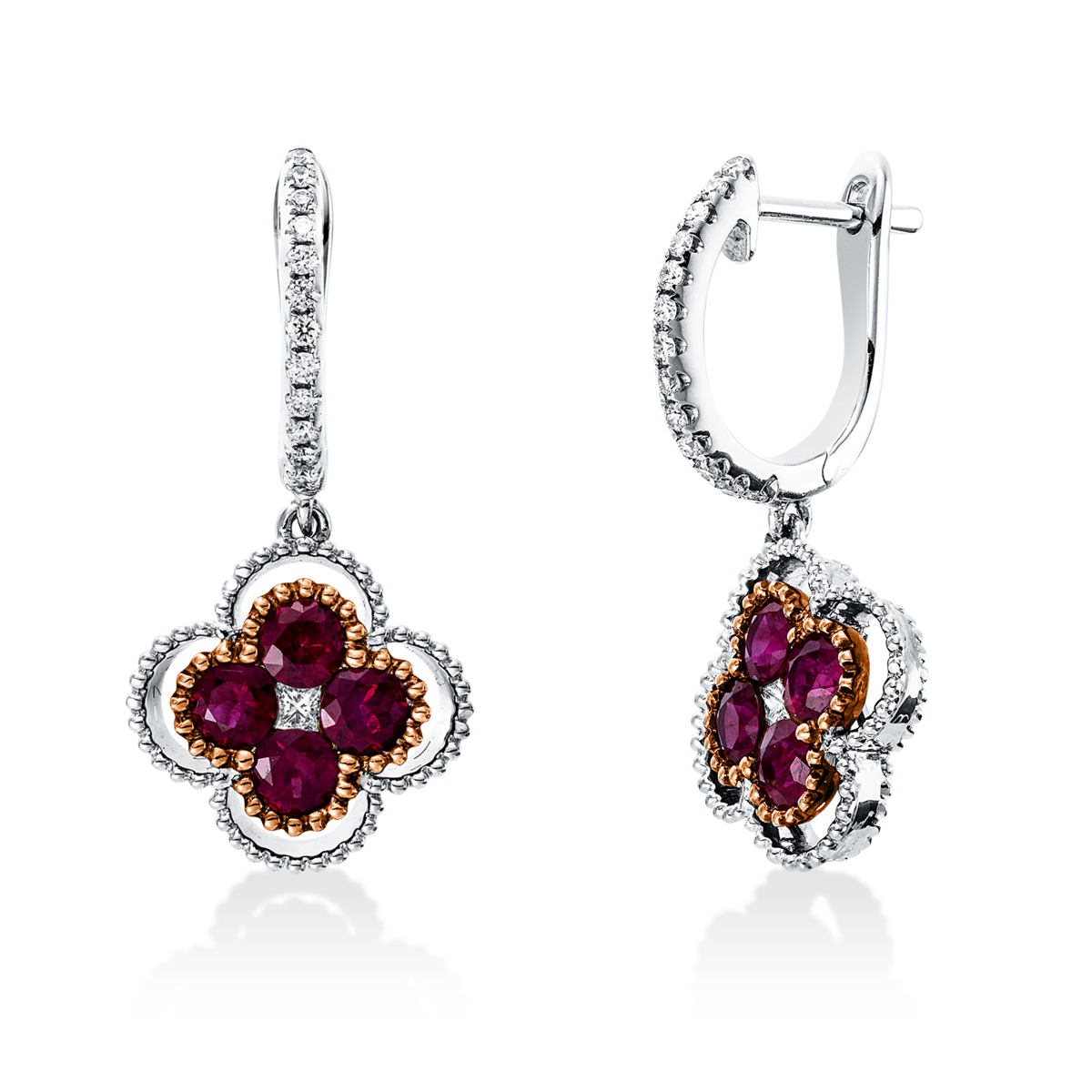 diamond full cut ruby colored stone classic hoops & huggies in whitegold / rosegold