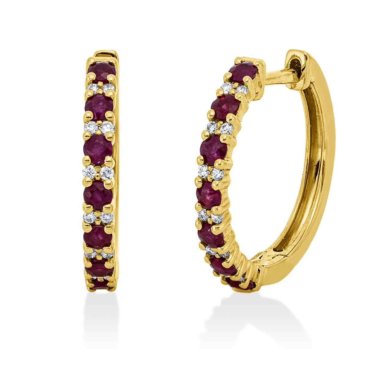 diamond full cut ruby colored stone classic hoops & huggies in yellow gold