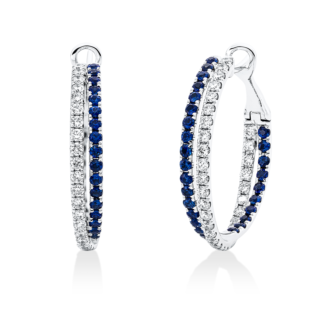 diamond full cut sapphire colored stone classic hoops & huggies in white gold