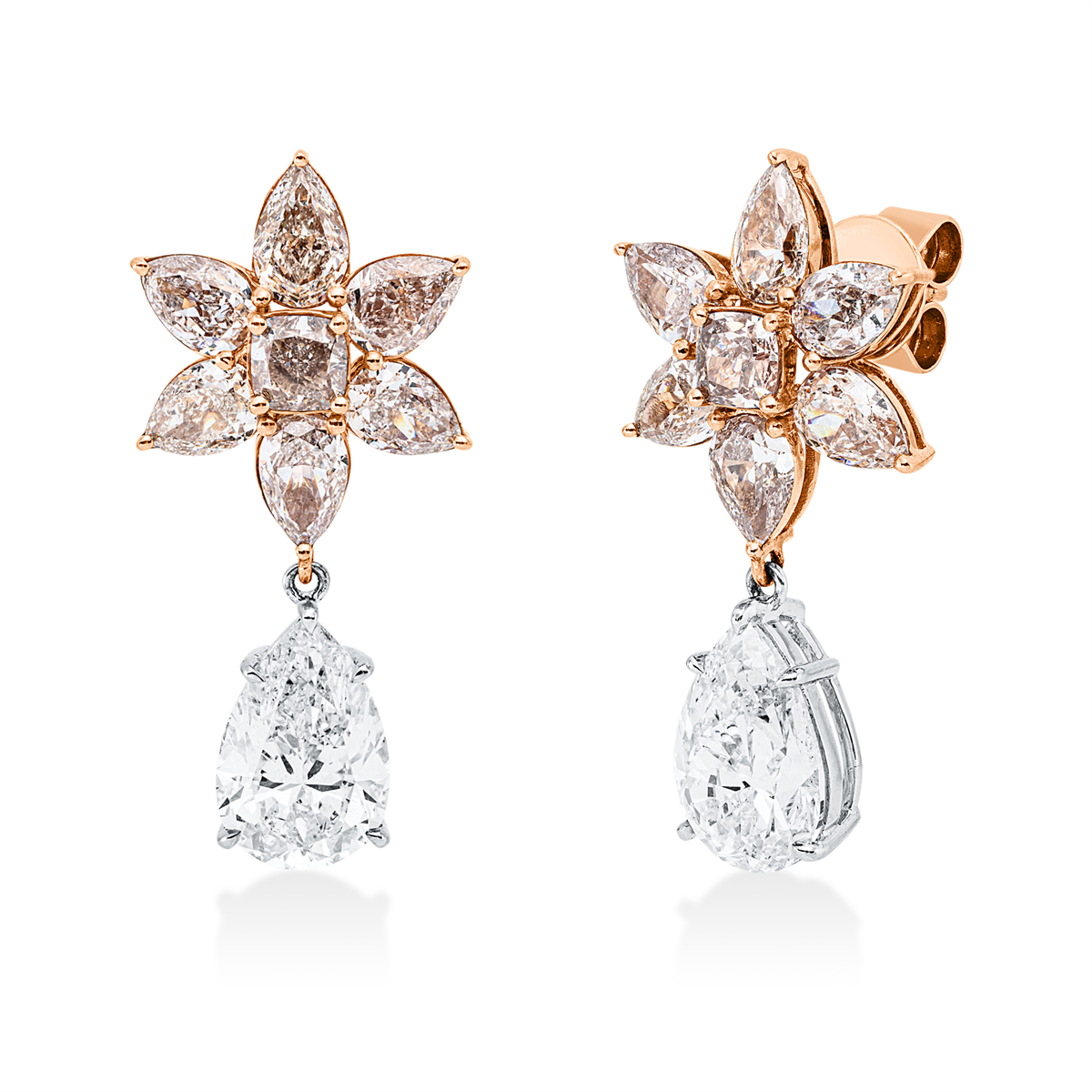 pear shape fancy colored diamond earrings in red gold / white gold
