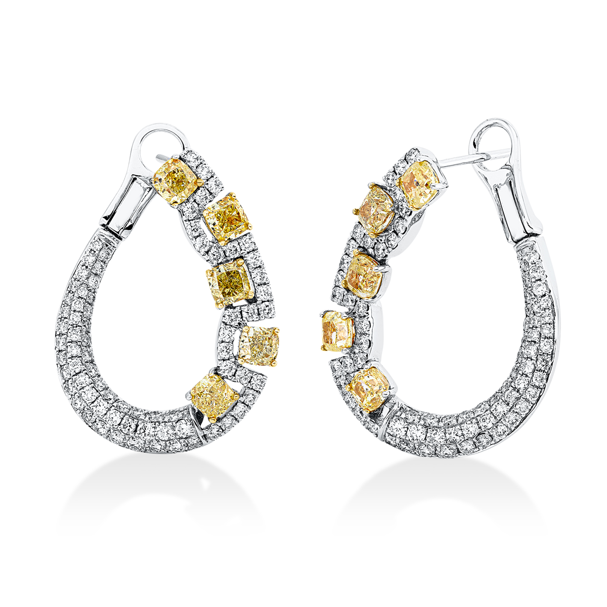 diamond full cut fancy colored diamond hoops & huggies in white gold / yellow gold