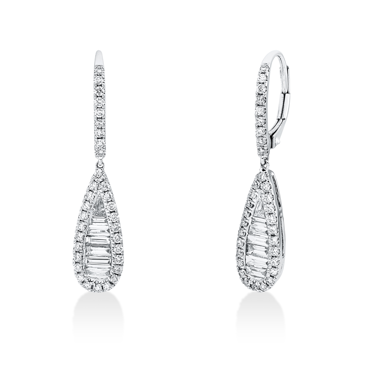 diamond full cut baguette illusion earrings in white gold